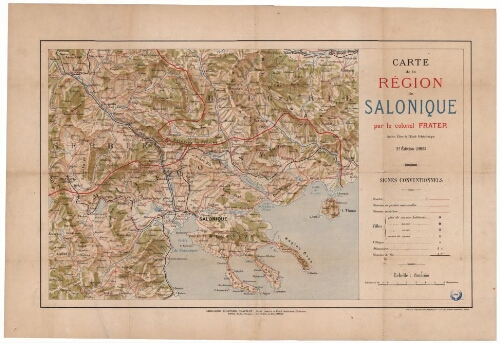 Carte de la région de Salonique par le colonel Frater ; gravé et imprimé par Ehrard. 2e édition