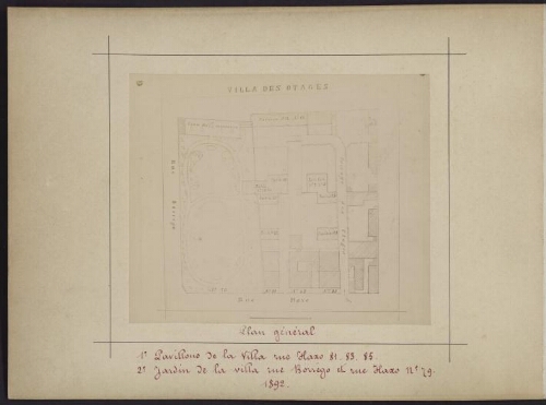 Plan général : 1er Pavillon de la Villa rue Haxo 81-83-85 : 2e jardin de la Villa rue Borego et rue Haxo n° 79 : 1892