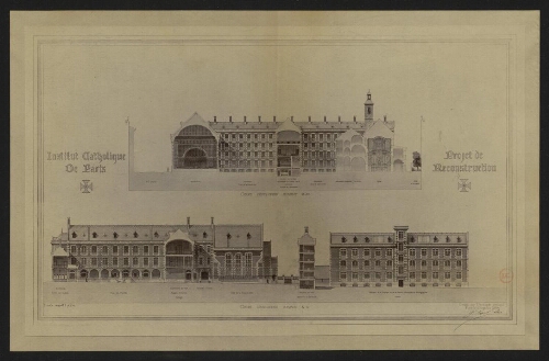 Institut catholique de Paris, projet de reconstruction, dressé par l'architecte soussigné le 8 novembre 1890, G. Ruprich-Robert : coupe développée suivant H-N [et] coupe développée suivant A-G