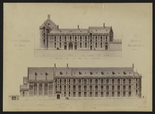 Institut catholique de Paris, projet de reconstruction, dressé par l'architecte soussigné le 8 novembre 1890, G. Ruprich-Robert : façade sur la rue de Vaugirard [et] façade sur la rue d'Assas