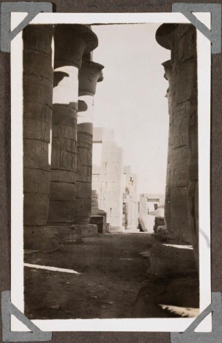 Le Ramesséum : Nef centrale de la salle hypostyle (au fond, piliers Osiris et colosse de Ramsès II